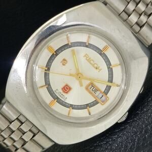 Vintage 1988 Ricoh Automatic Mens Silver Watch W/daydate & Gold accents